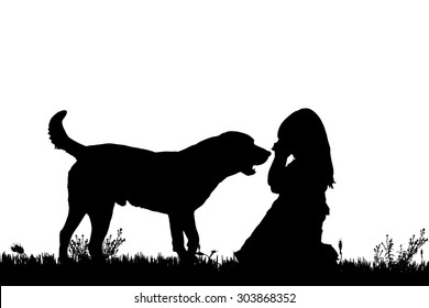 Vector silhouette of a girl with a dog on a white background.