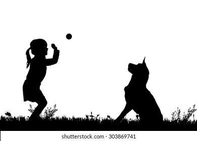 Vector silhouette of a girl with a dog on a white background.