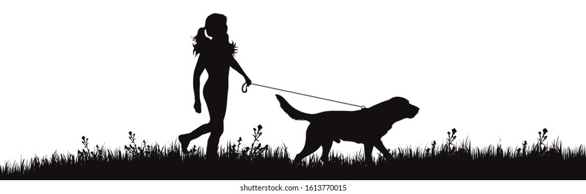 Vector silhouette of girl with dog walks on meadow on white background. Symbol of woman with her pet in the park.