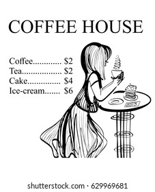 Vector silhouette of girl drinking cup of coffee at table in dress and hairstyle. Logo design for poster, cafe menu or banner, isolated illustration in black color on the white background, vintage