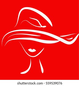 vector silhouette of a girl face in a hat on a red background