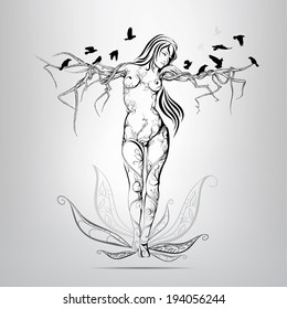 Vector silhouette of the girl in the form of a tree
