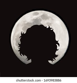 Vector silhouette of girl head on moon background. Symbol of night.