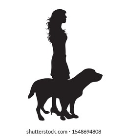 Vector silhouette of girl with her dog on white background. Symbol of friends, care, animal, woman, female.