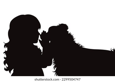 Vector silhouette of girl with her dog on white background. Symbol of childhood and pet.