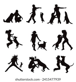 Vector silhouette of a girl with her dog on a white background. Collection of different breeds and situations.