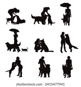 Vector silhouette of a girl with her dog on a white background. Collection of different breeds and situations.