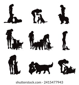 Vector silhouette of a girl with her dog on a white background. Collection of different breeds and situations.