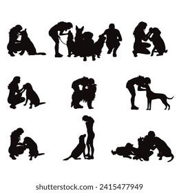 Vector silhouette of a girl with her dog on a white background. Collection of different breeds and situations.