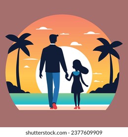 vector silhouette a girl and her father watch the sunrise on the beach with palm tree