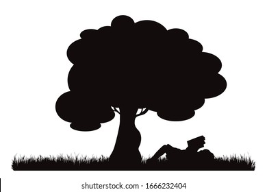 Vector silhouette of girl lying under tree and read book on white background. Symbol of nature and rest.