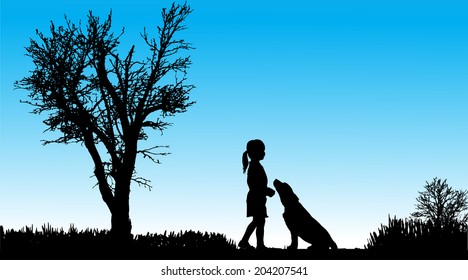 Vector silhouette of girl in nature along the beautiful days.