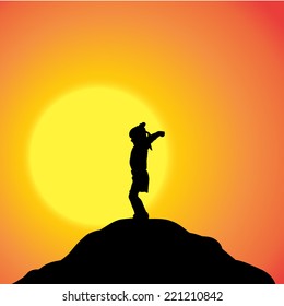 Vector silhouette of a girl in nature at sunset.