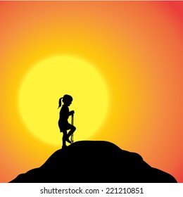 Vector silhouette of a girl in nature at sunset.