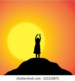 Vector silhouette of a girl in nature at sunset.