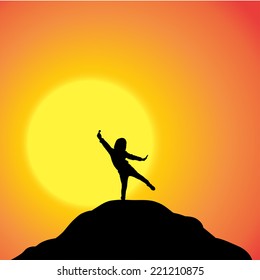 Vector silhouette of a girl in nature at sunset.