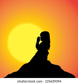 Vector silhouette of a girl in nature at sunset.