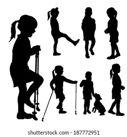 Vector silhouette of girl with Nordic walking.