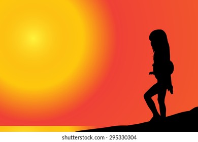 Vector silhouette of girl on a beach at sunset.