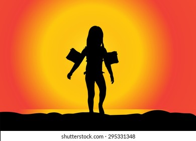Vector silhouette of girl on a beach at sunset.