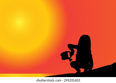 Vector silhouette of girl on a beach at sunset.