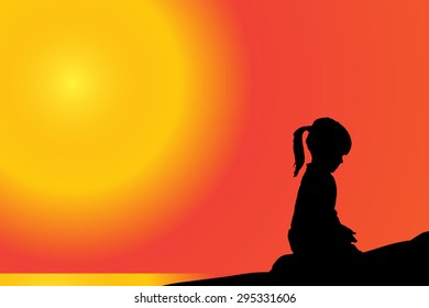 Vector silhouette of girl on a beach at sunset.