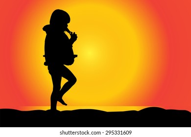 Vector silhouette of girl on a beach at sunset.