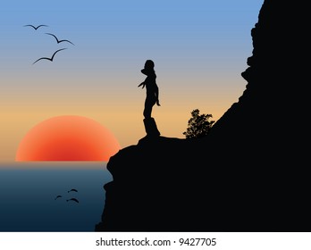 Vector silhouette of the girl on the cliff against the sunset background