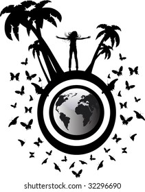 the vector silhouette girl on globe