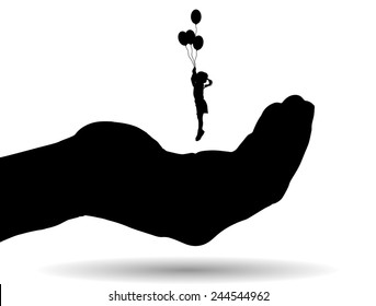 Vector silhouette of a girl on palm on white background.