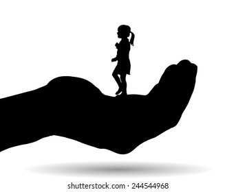 Vector silhouette of a girl on palm on white background.