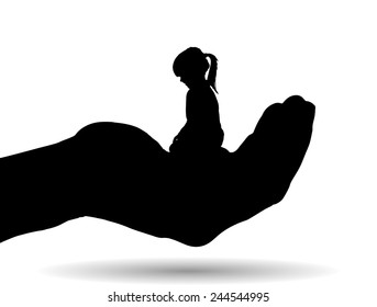 Vector silhouette of a girl on palm on white background.