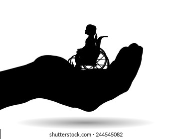 Vector silhouette of a girl on palm on white background.