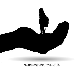 Vector silhouette of a girl on palm on white background.