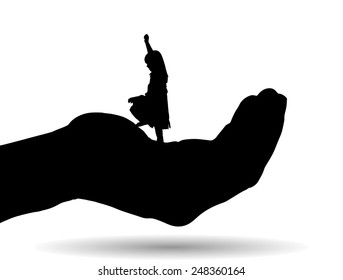 Vector silhouette of a girl on palm on white background.