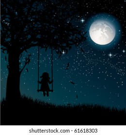 Girl On A Swing From A Tree Moon Images Stock Photos Vectors Shutterstock