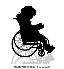 Vector Silhouette Of Girl On Wheelchair Who Read Book.