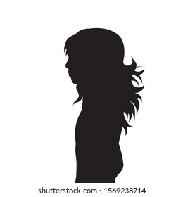Vector silhouette of girl on white background. Symbol of child, childhood, school, infantile, profile.