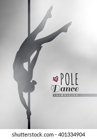 vector silhouette of girl and pole on blur background, pole dance illustration