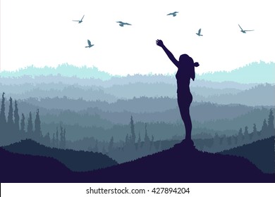 vector silhouette of a girl with raised hands on top of the mountain and flying bird
