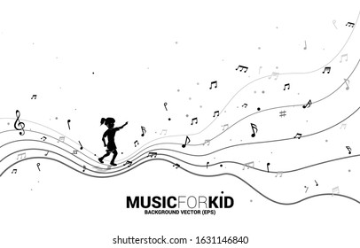 Vector silhouette of girl running with dancing flow shape music note . Concept background  music for kid and children.