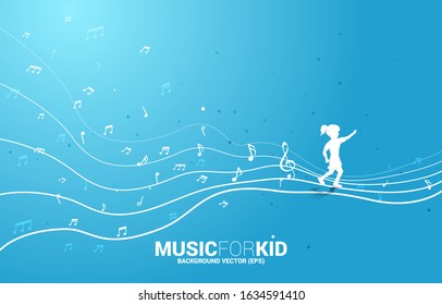 Vector silhouette of girl running with dancing flow shape music note . Concept background  music for kid and children.