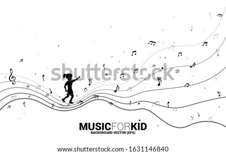 Vector silhouette of girl running with dancing flow shape music note . Concept background  music for kid and children.