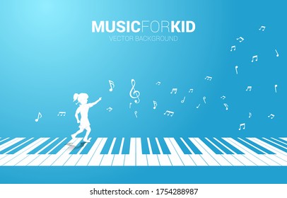 Vector silhouette of girl running with piano key with flying music note . Concept background  music for kid and children.