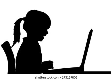 Vector silhouette of a girl sitting at a computer on a white background.