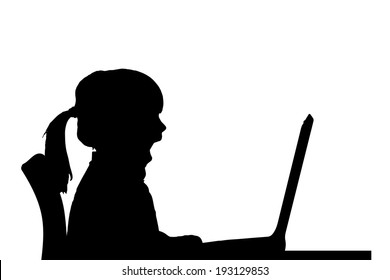 Vector silhouette of a girl sitting at a computer on a white background.