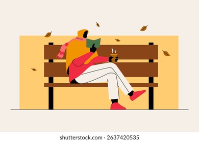 Vector silhouette of a girl sitting on a park bench enjoying the autumn wind
