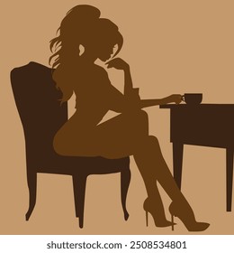 Vector silhouette of a girl sitting at a table with a cup of coffee, illustration for decorating coffee shop interior designs and your elegant lifestyle prints