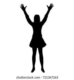Vector silhouette of girl standing,hands raised up, black color, isolated on white background
