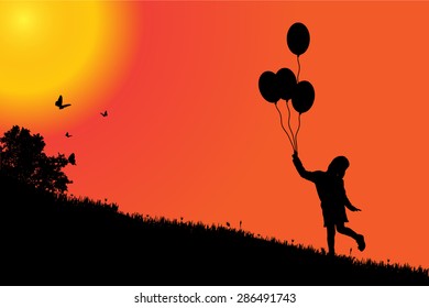 Vector silhouette of a girl at sunset.